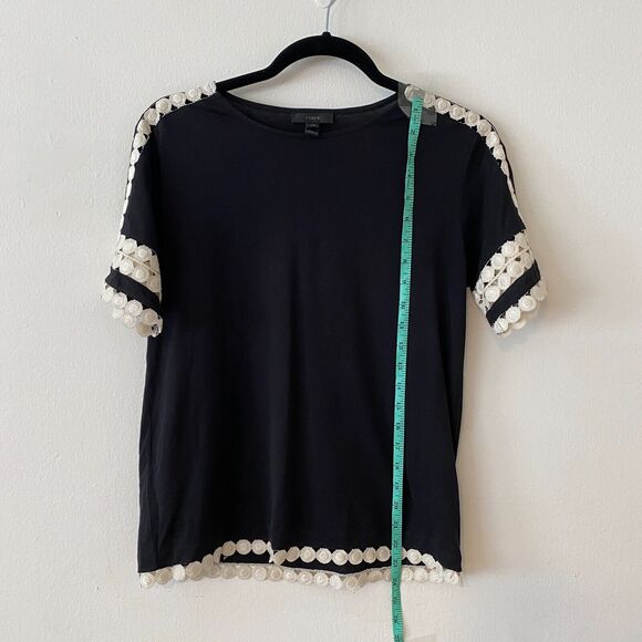 J Crew Comfy Black and Cream Embroidery Stitch Circles Sleeve Hem Design Top XXS - Picture 8 of 11